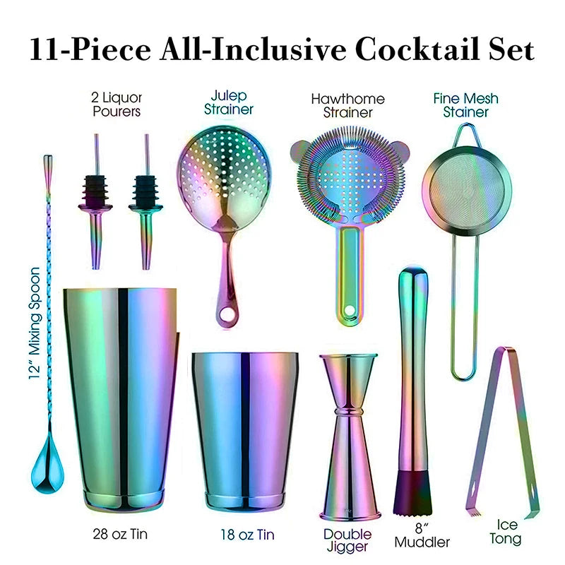 Rainbow Cocktail Shaker Bar Set: 2 Weighted Boston Shakers, Cocktail Strainer Set,Jigger,Muddler and Spoon, Ice Tong ,2 Pourer