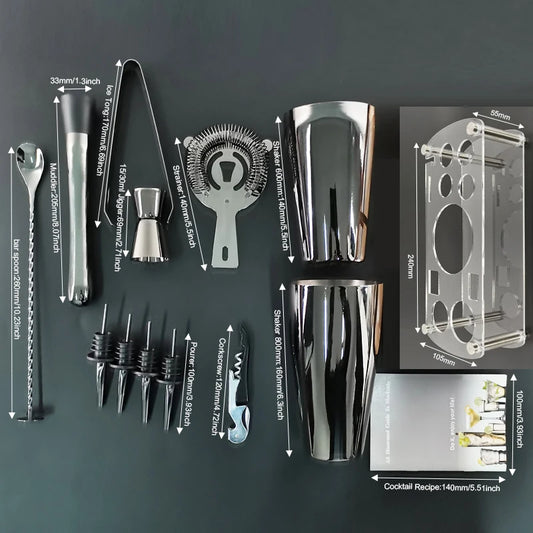 12Pcs Black/Rose Gold/Silver 800/750/600Ml Boston Shakers Bartender Kit Cocktail Shaker Set Bar Tools Stand Cocktail Recipe