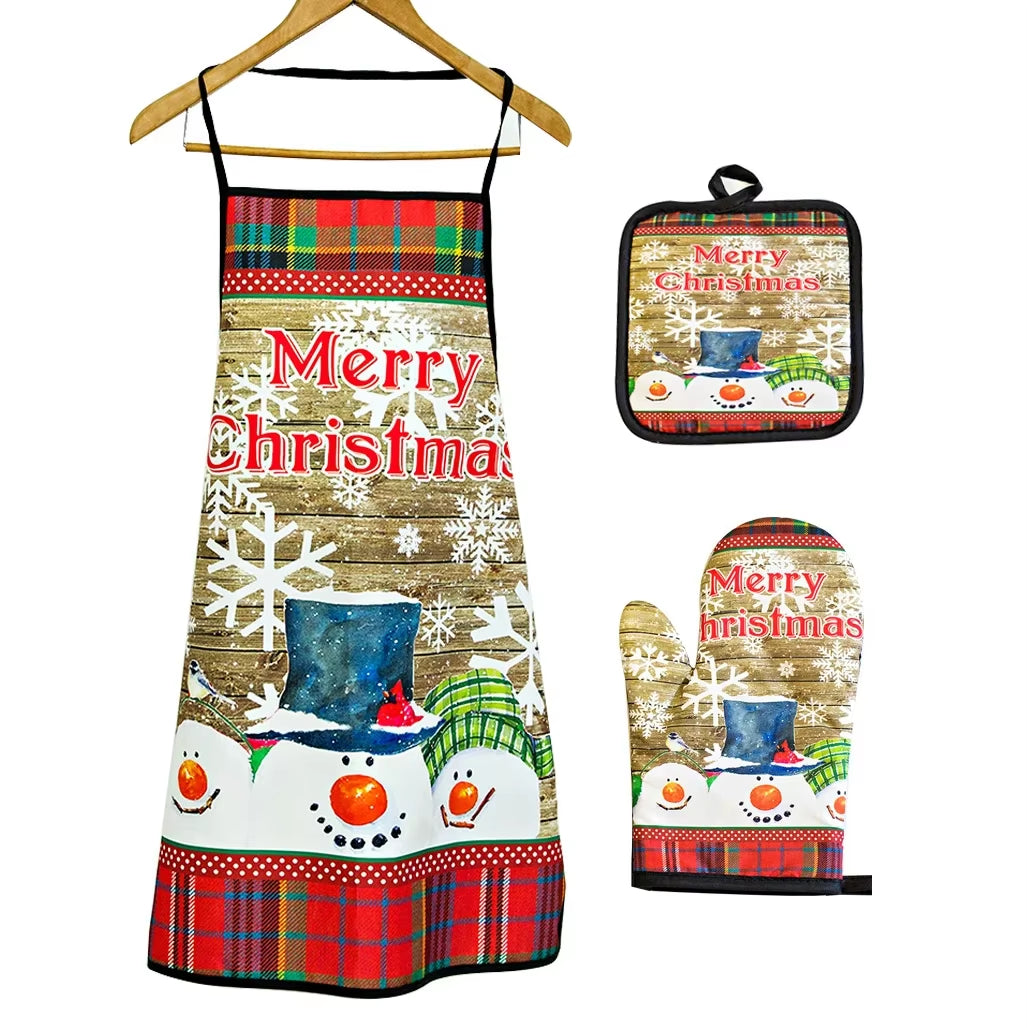 Christmas Kitchen Hot Oven Mitts Apron Set Anti-Hot Microwave Gloves Pad Insulation Mat Christmas Decoration Cooking Baking Tool