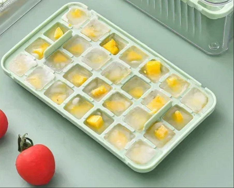 One Press Ice Cube Maker Tray with Lid and Silicone Mold for Freezing Drinks Easily at Home or Bar