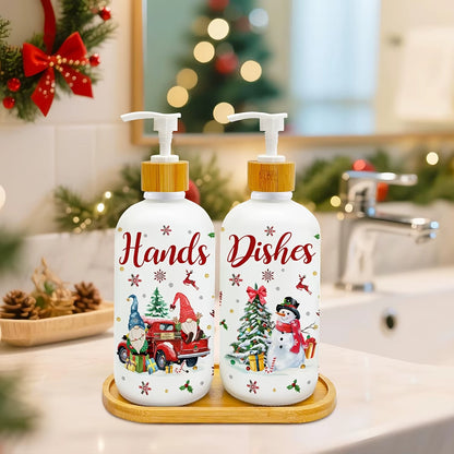 Christmas Soap Dispenser Set of 2, Christmas Kitchen Decor, Xmas Gnomes Soap Dispenser with Tray for Home Indoor Decorations