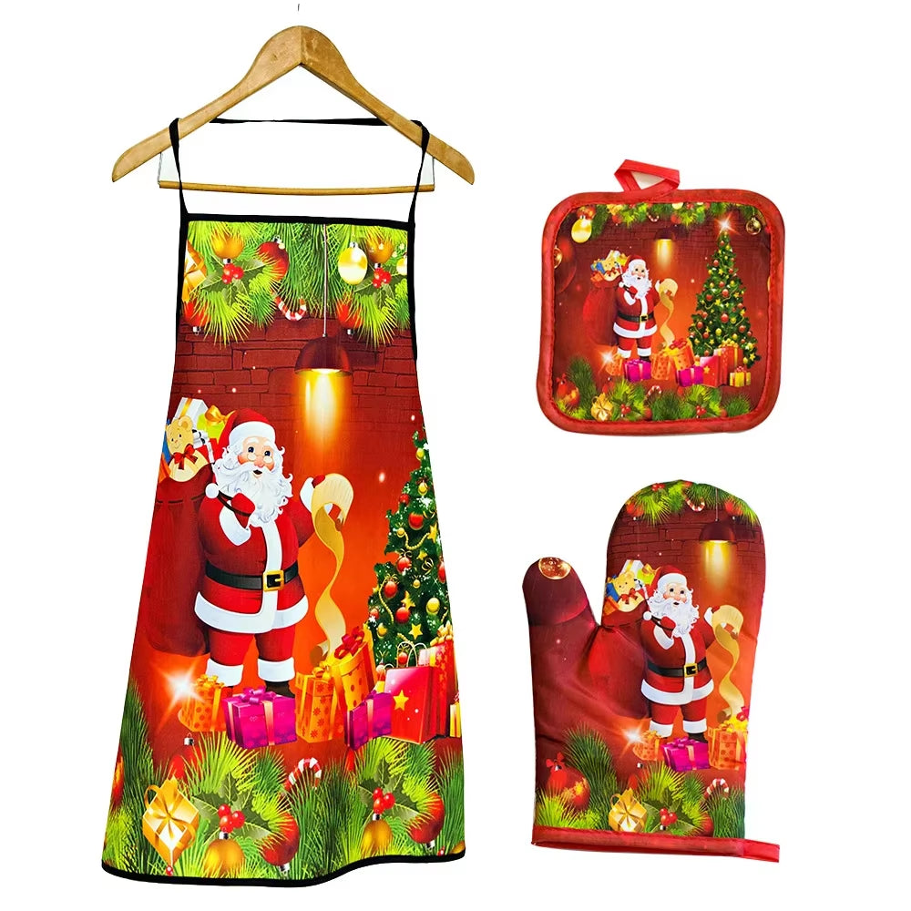 Christmas Kitchen Hot Oven Mitts Apron Set Anti-Hot Microwave Gloves Pad Insulation Mat Christmas Decoration Cooking Baking Tool