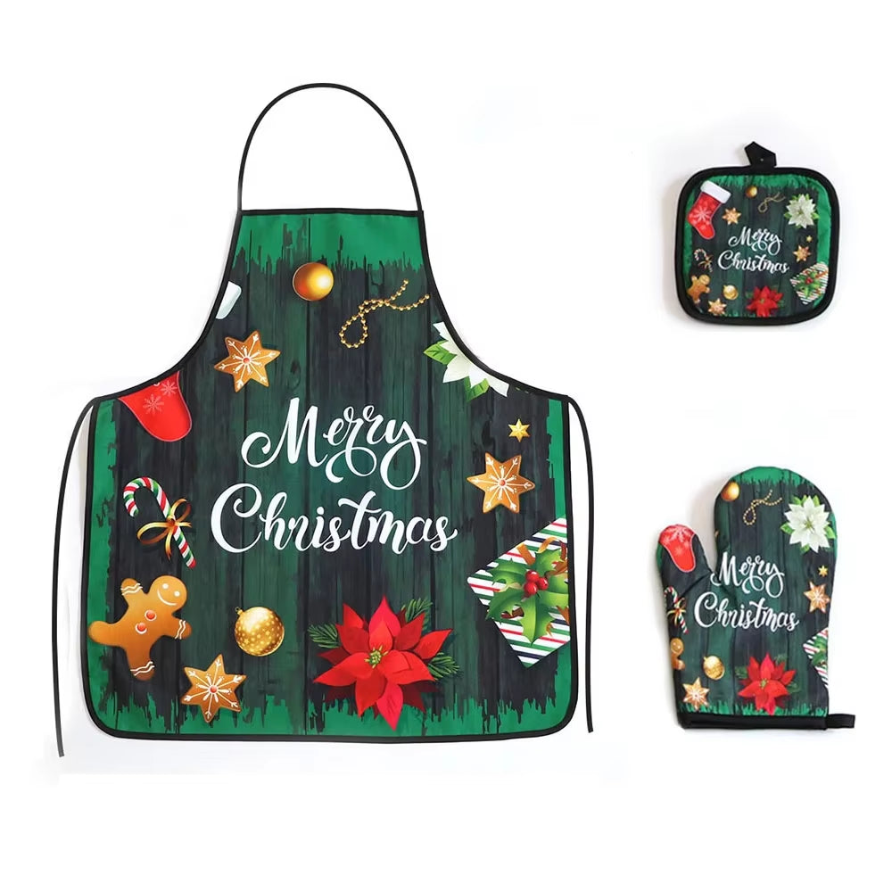 Christmas Kitchen Hot Oven Mitts Apron Set Anti-Hot Microwave Gloves Pad Insulation Mat Christmas Decoration Cooking Baking Tool