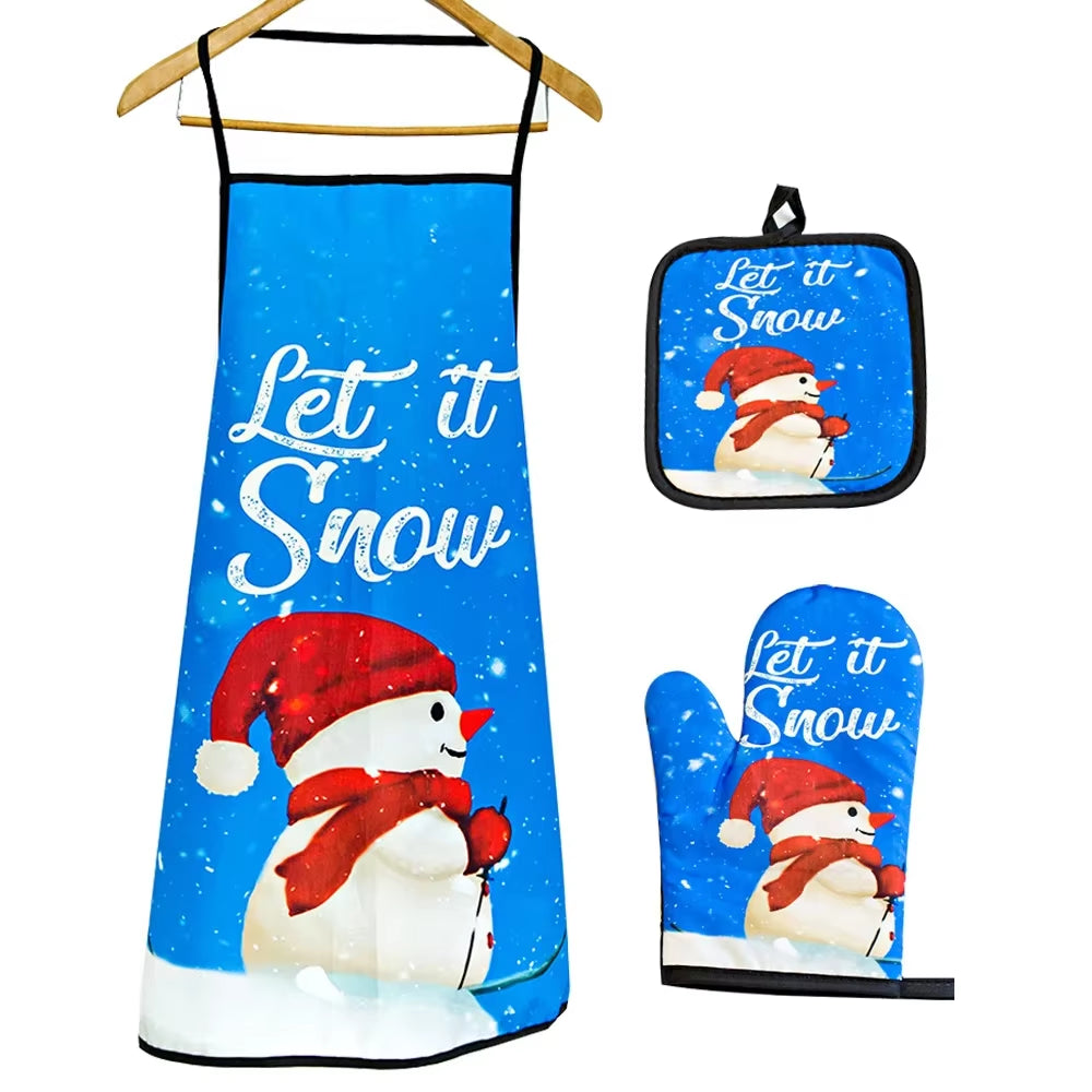 Christmas Kitchen Hot Oven Mitts Apron Set Anti-Hot Microwave Gloves Pad Insulation Mat Christmas Decoration Cooking Baking Tool