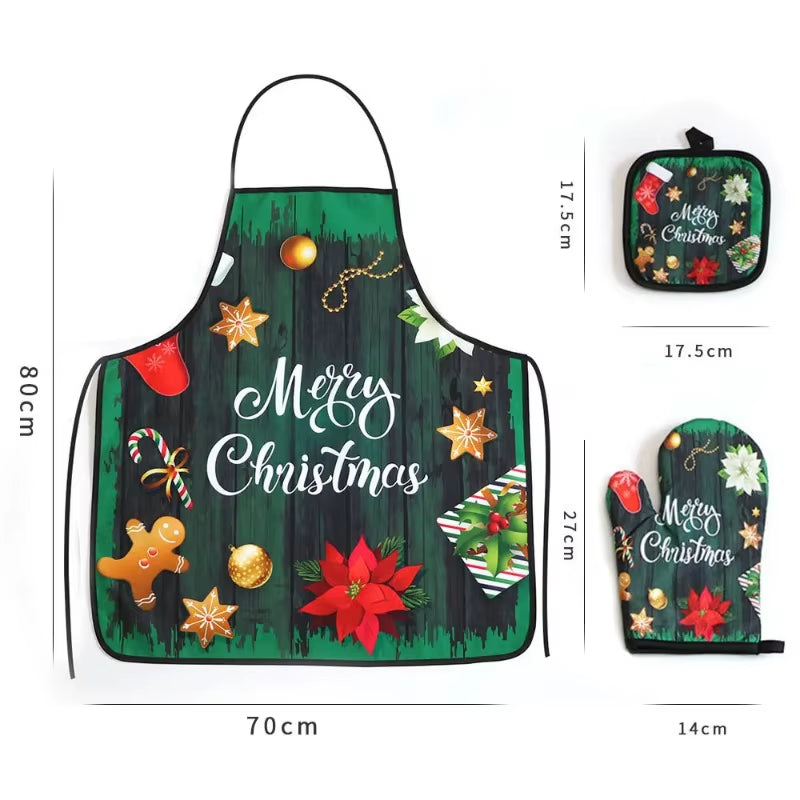 Christmas Kitchen Hot Oven Mitts Apron Set Anti-Hot Microwave Gloves Pad Insulation Mat Christmas Decoration Cooking Baking Tool